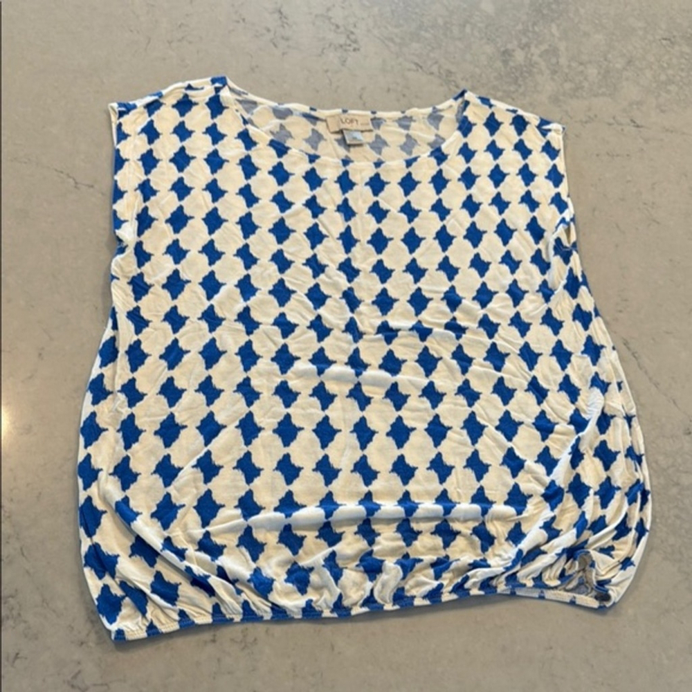LOFT Blue White Geometric Knit Sleeveless Top Medium Petite
